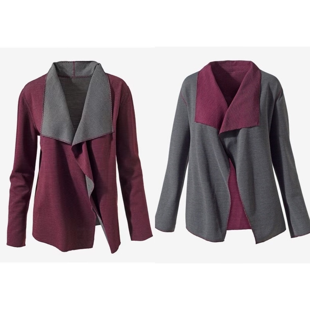 Chicos Reversible Waterfall Cardigan Maroon Grey Sweater Weekends Striped